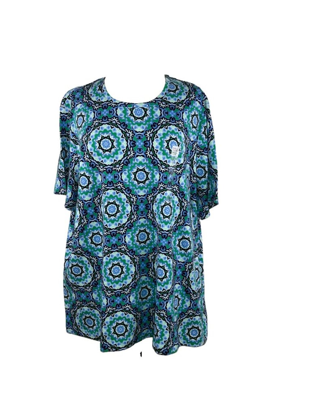 Kim Rogers 1X Perfectly Soft Blue and Green Geometric Tee T-Shirt Short Sleeves